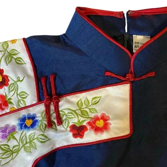 Asian-style Women's Evening Party Dress Back Zip Floral-Ivy Print Sapphire Blue - Picture 3 of 16